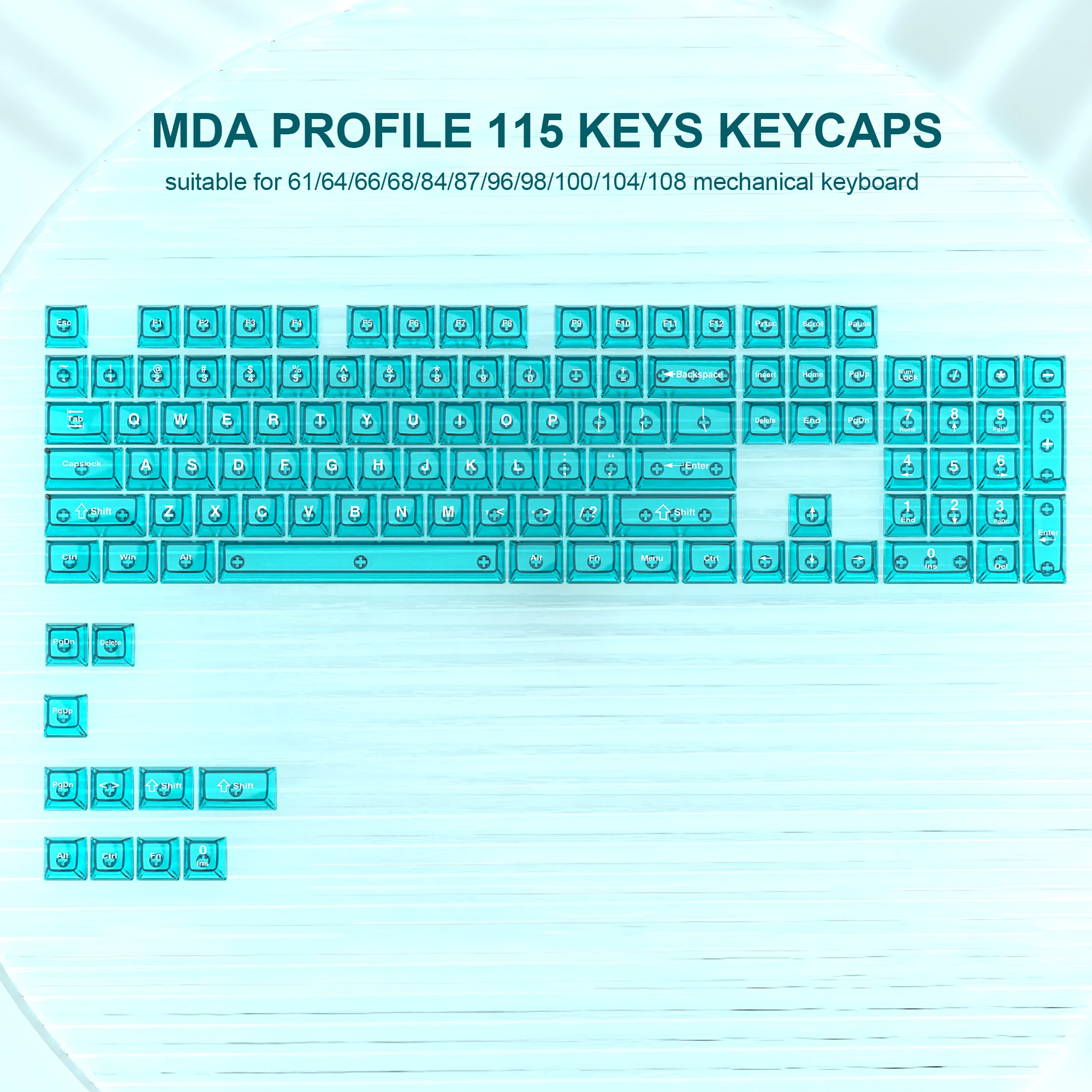115 Keys Cyan Transparent Clear Keycaps Crystal Ceramic PC Keycap RGB Shine Through Key cap MDA Profile for MX Switch Keyboard