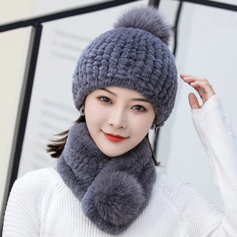 

Autumn and Winter Women's 100% Real Otter Rabbit Fur Woven Scarf Hat Set Warm and Breathable Versatile Women's Scarf Hat Set