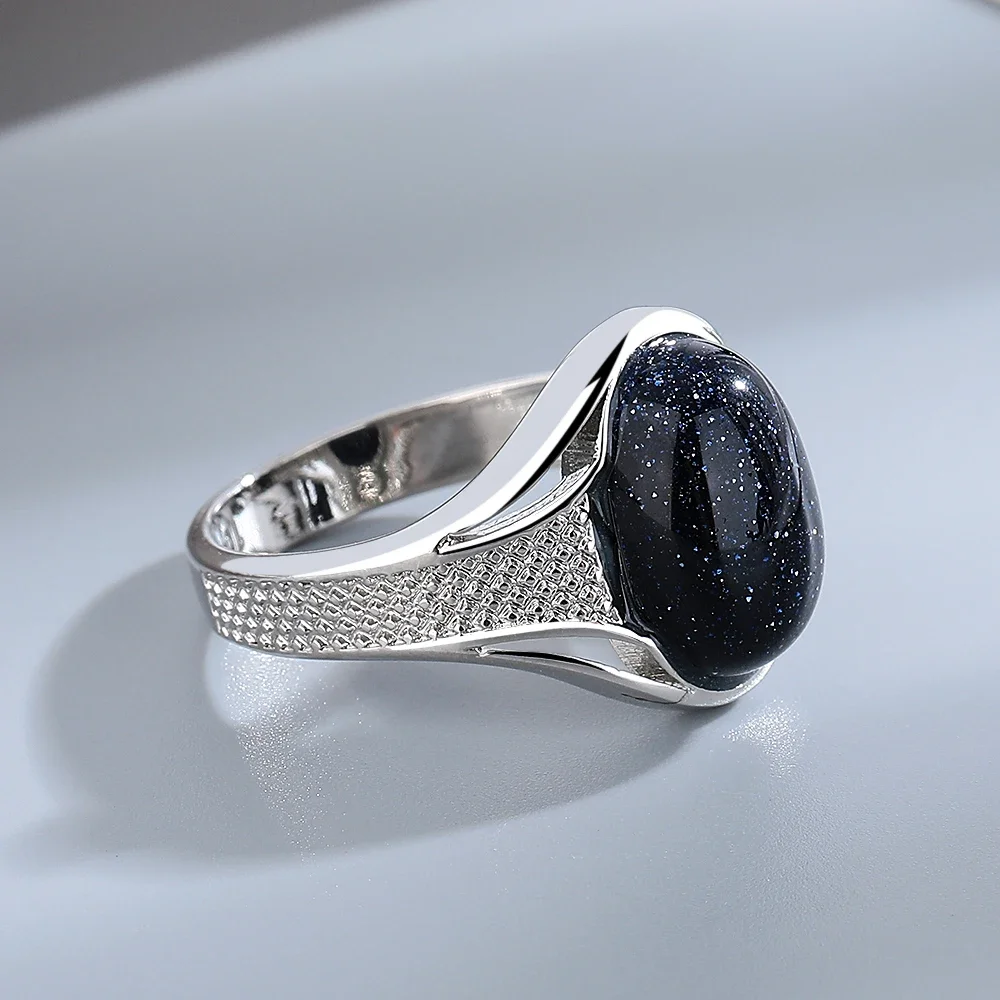 

10*14mm Big Bluesand Stone Vintage Ring for Women Men S925 Silver Natural Oval Large Gemstone Jewelry Party Anniversary Gifts