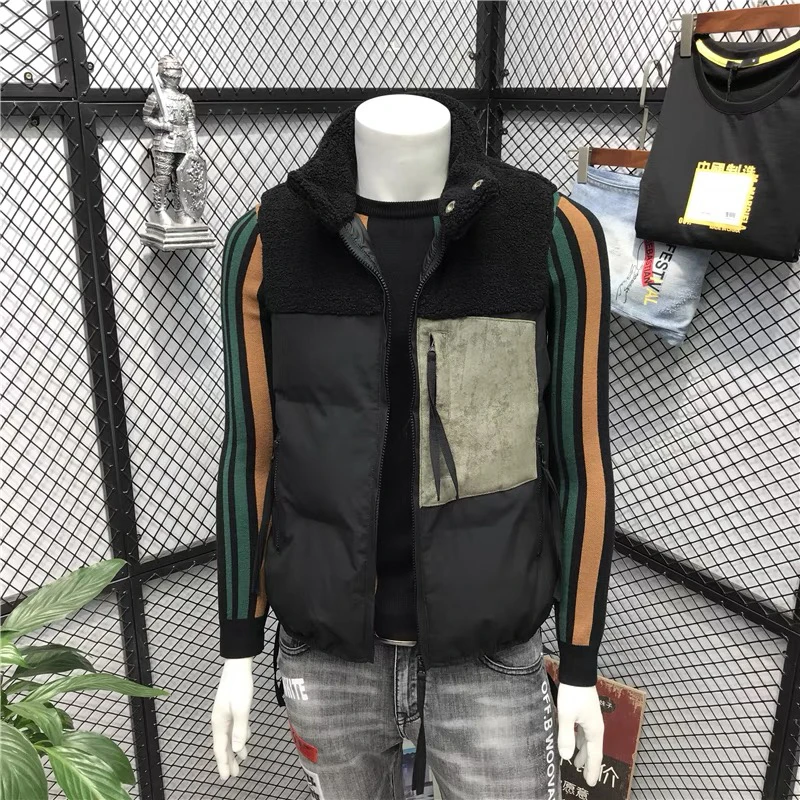 

Winter Thiened Warmth Lamb Fur Casual Vest Jaet Men's Faion Brand Workwear Patchwork Stand Collar Cotton Vest Coat