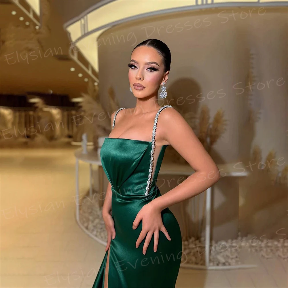 Classic Green Women's Mermaid Beautiful Evening Dresses Sexy Spaghetti Strap Prom Gowns Modern Side High Split Vestido De Noche