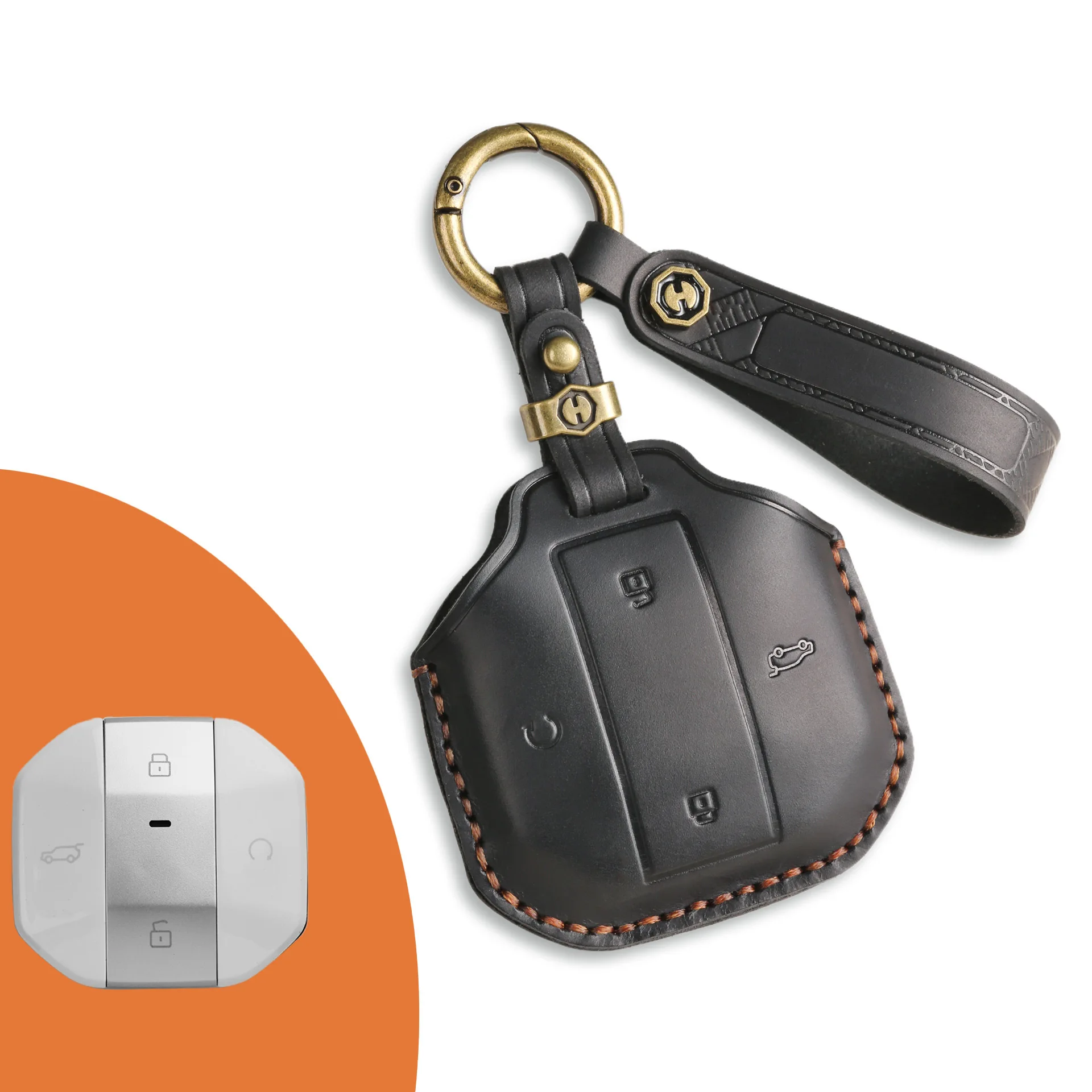 Precise Fit Leather Key Fob Cover for JETOUR Traveler X70 X90 Shanhai T1, Full Protection Case with Leather Lanyard & Metal Hook