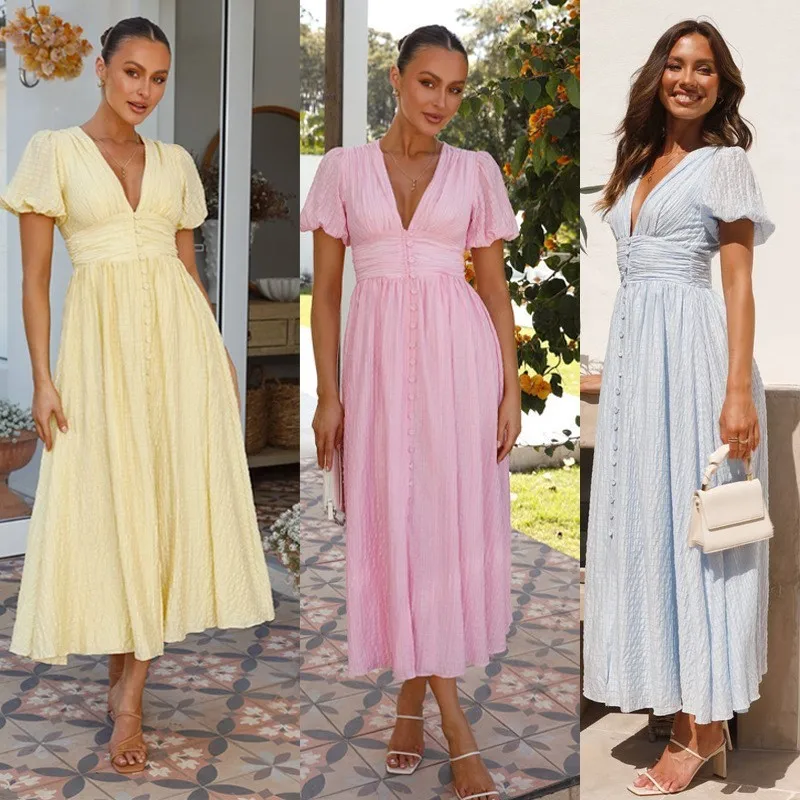 

Summer Fashion long Dress Women's Solid V Neck Puff Sleeve Button Office Party Clothing Casual Elegnat Female Clubwear Vestidos
