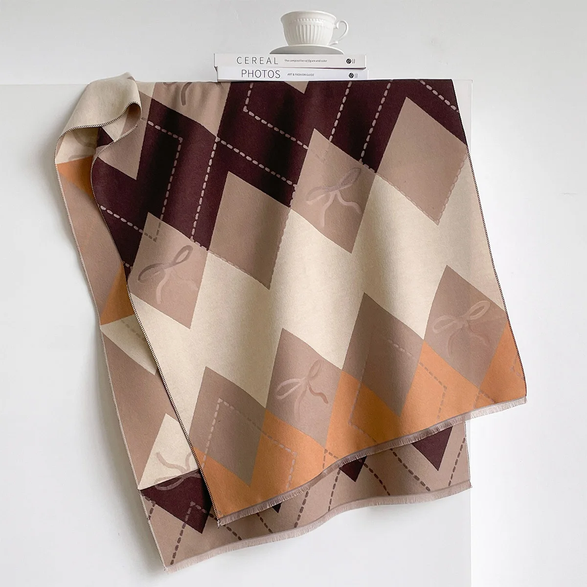 New Womens Lightweight Faux Cashmere Scarf Beige Brown Orange Burgundy Diamond Check Bow Print Long Wrap Cozy Office Accessory