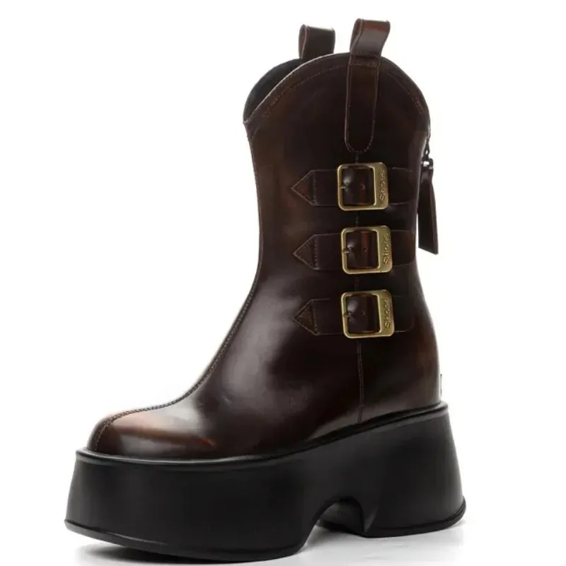 

Ботинки на высоком каблуке на танкетке, женские зимние теплые плюшевые ботинки с микролифом, женские кожаные мотоциклетные ботинки из микрофибры в стиле ретро