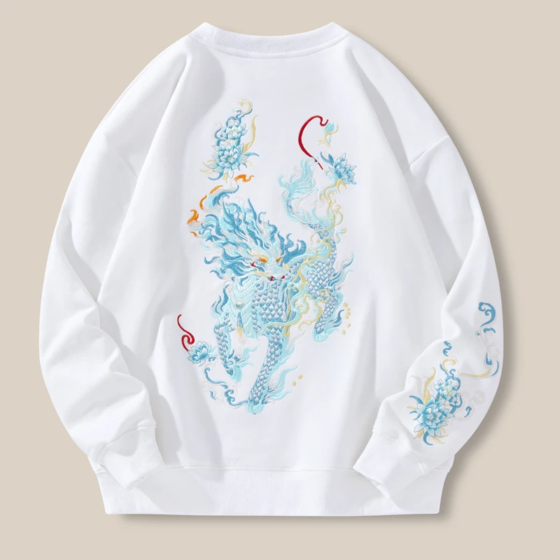 Lyprerazy Autumn Winter New Dragon Embroidery Hoodies National Tide Chinese Style Men Cotton Crew Neck Pullover Tops