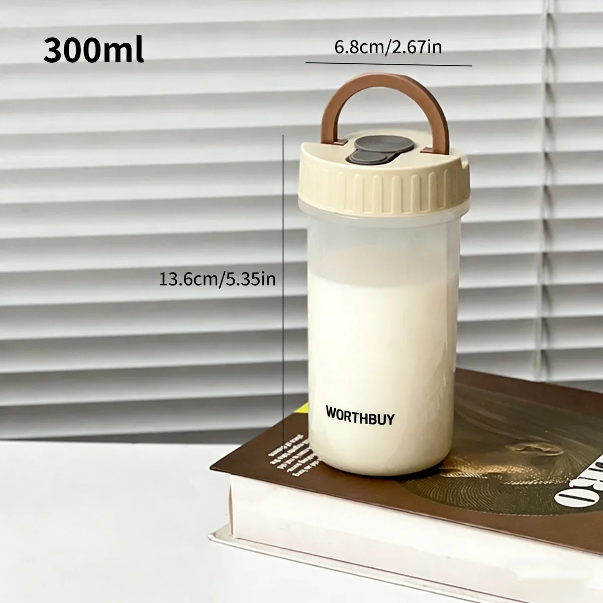 300 ml draagbare plastic waterfles, geschikt voor kinderen en studenten, voor koude en warme dranken, met handvat, luchtdicht en lekvrij, ideaal voor melk en koffie.