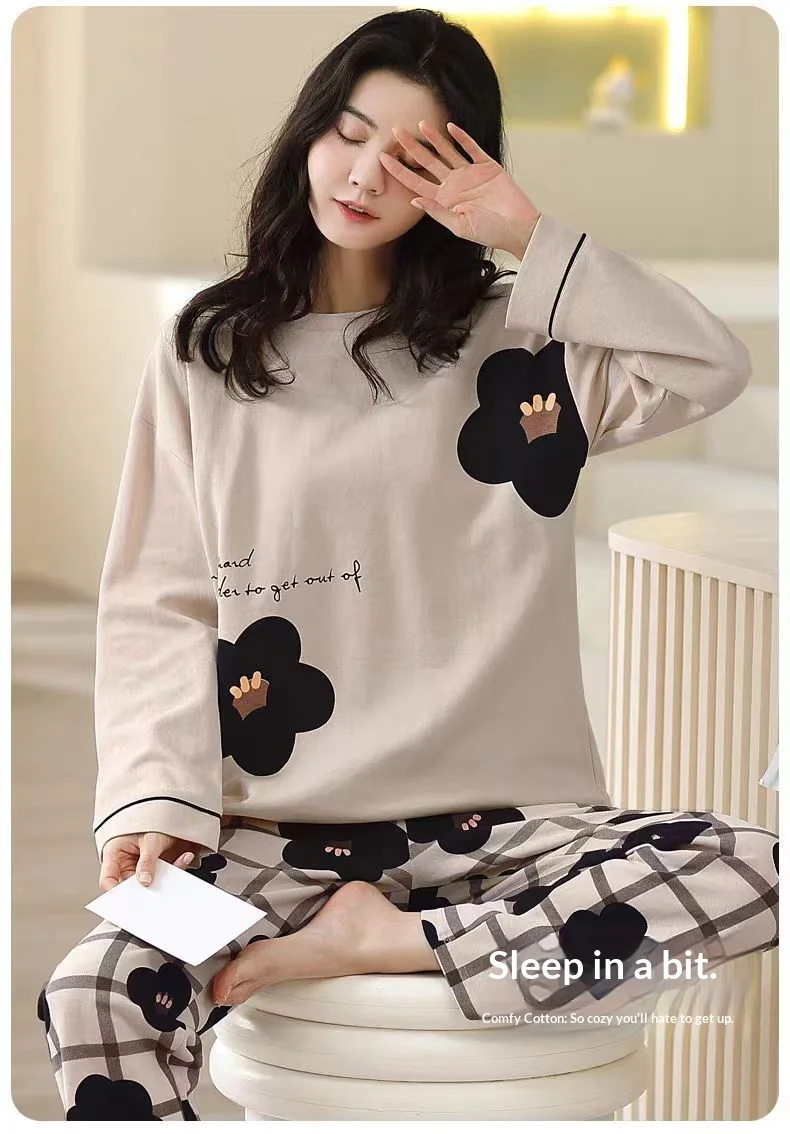Damen Frühling/Herbst Pyjama: Langarm-Loungewear-Set für Mädchen, Übergröße, Schlicht, Locker Sitzend, Leichtes Pyjama-Set – Detail 7