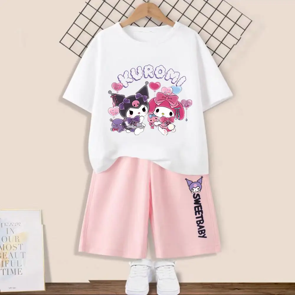 

Sanrio Kawaii аниме My Melody Kuromi милые Мультяшные детские летние шорты с коротким рукавом хлопковый спортивный костюм комплект из двух предметов подарок на день рождения