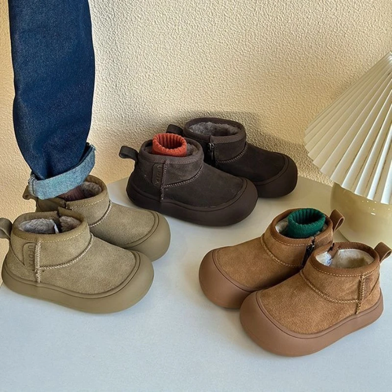 

Kids Winter Snow Boots Soft Leather Side Zipper Fleece Lined Short Boots Thickened Anti Kick Warm Cotton Boots for Boys Girls