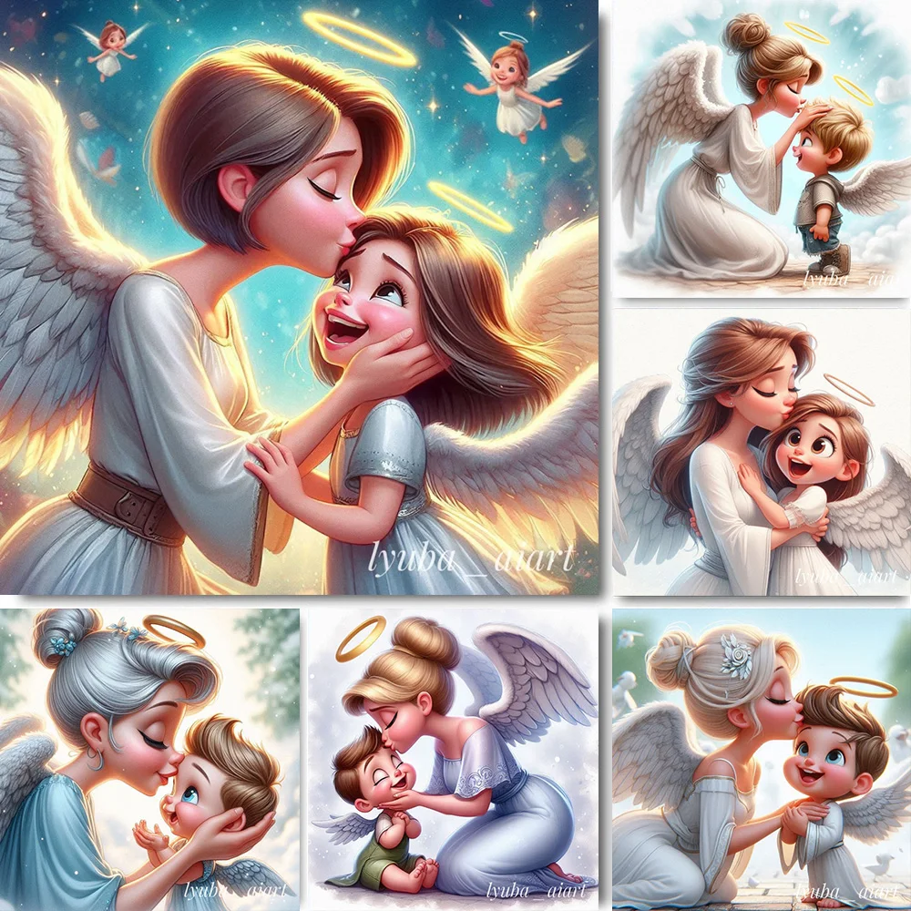 Angel Halo Mother Kissing Baby 5D Full Circle Diamond Painting Set DIY Diamond Mosaic Embroidery Cross Stitch Birthday Gifts