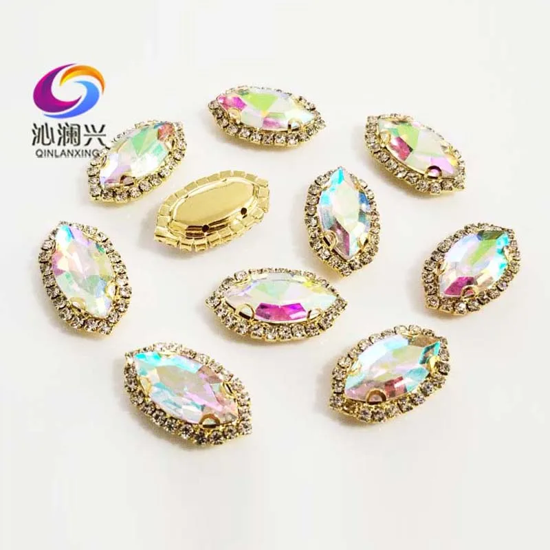 Strass di cristallo di vetro color AB con fondo dorato, fibbia da cucire a forma di occhio, utilizzata per il ricamo, accessori per il cucito di