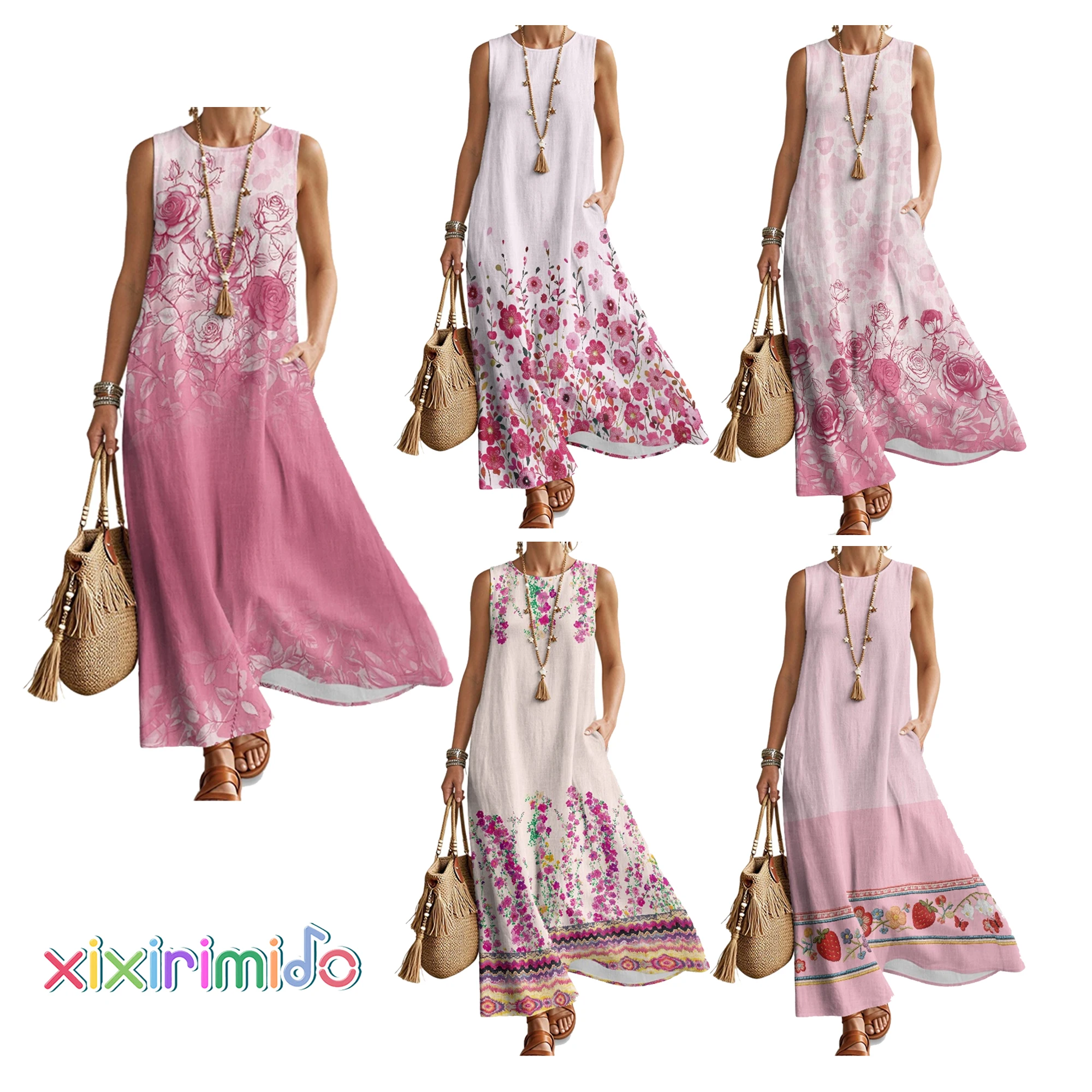 

XIXIRIMIDO 2026 Imitation Linen Printing Loose Vest Long Skirt with Pockets Casual Retro O Neck Sleeve Summer Holiday Vestidos