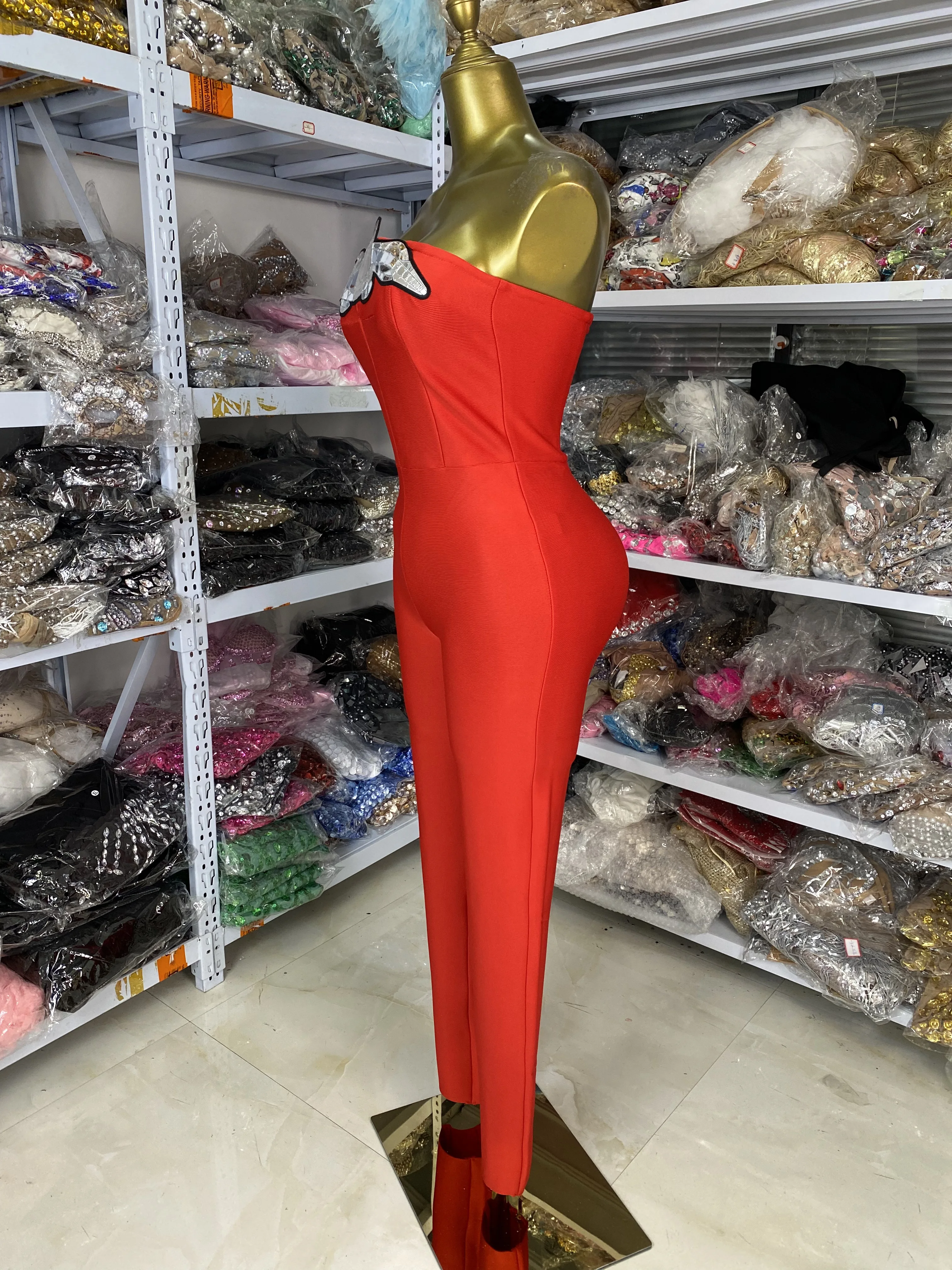 Women Red Tube Bandage Jumpsuits Sequines Embroidery crocodile traight Pants Rompers High Street Evening Club Party Dress