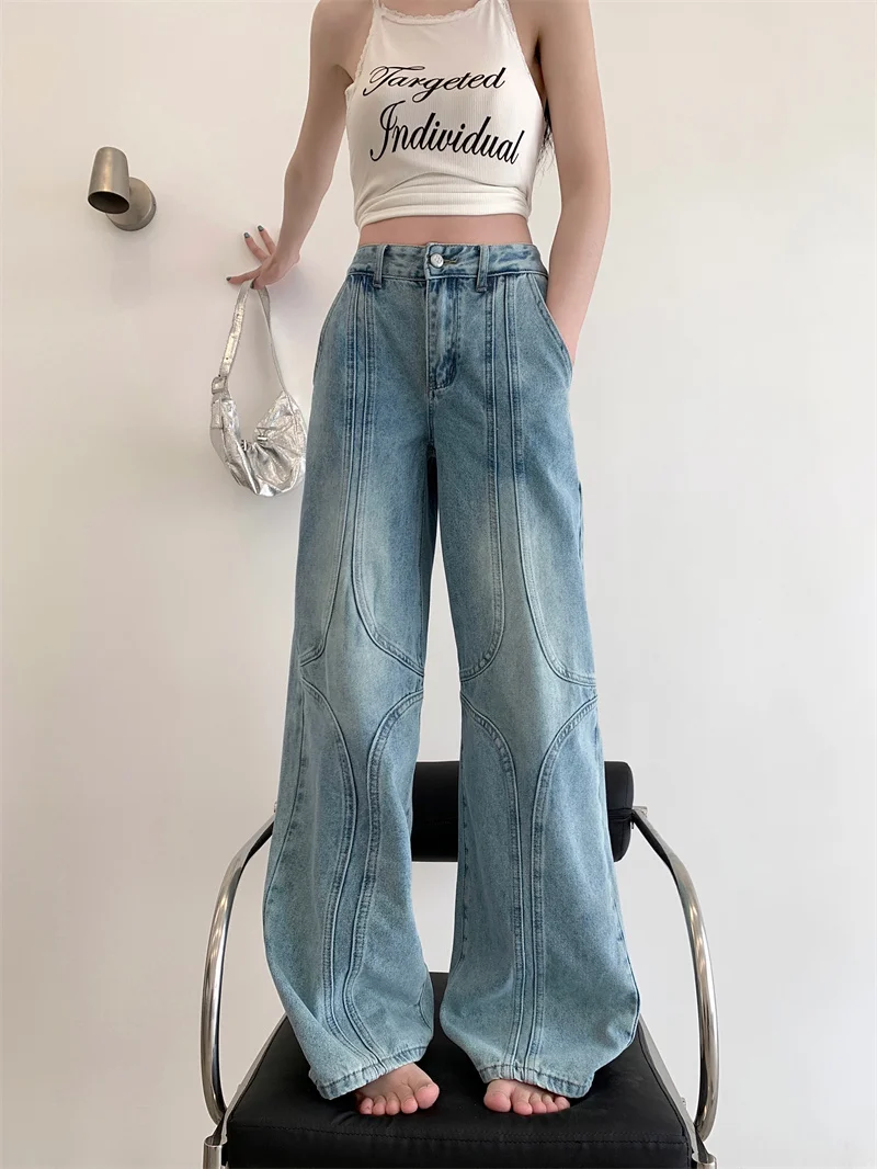 Damskie niebieskie jeansy Y2k Harajuku Streetwear luźne spodnie jeansowe estetyczne Oversize spodnie dżinsowe tandetne ubrania w stylu Vintage 2000s