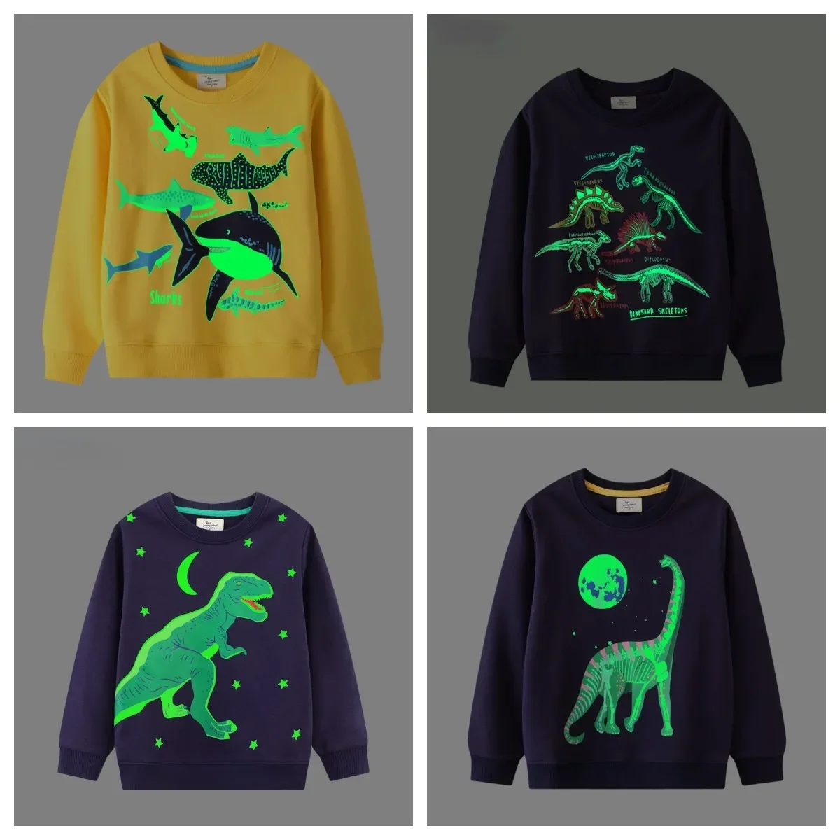 Fashion Children's Round Neck Spring and Autumn Sweater Top Sweatshirt New Boys' Pullover Night Glow Shark Dinosaur Pattern