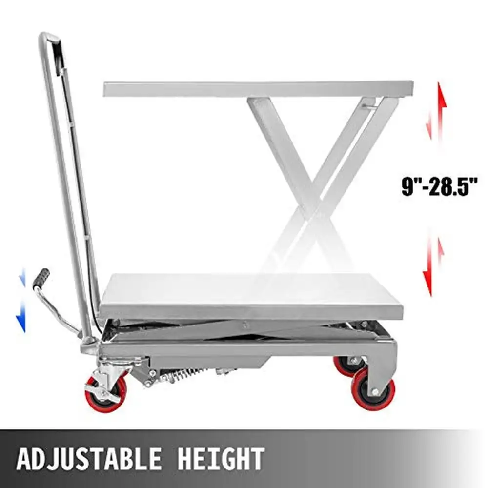 Hydraulic 500LBS Capacity Scissor Lift Table Cart Manual Steel Material Cart w/ 4 Wheels 28.5-Inch Lifting Height Material