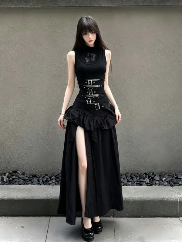 

Gothic Style Slim Fit High Waist Split Sleeveless Design Vintage Cool Black Two Piece Set Fashionable Casual Women's Clothing