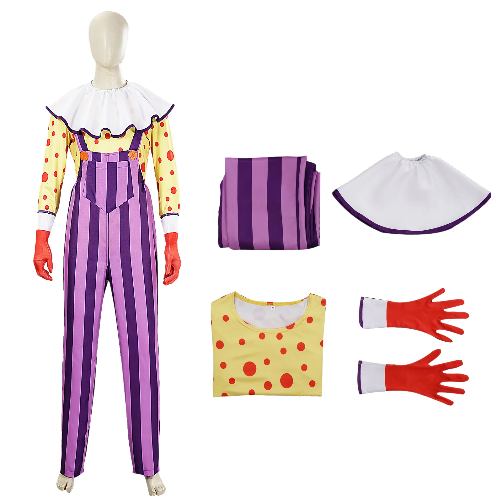 

Retro Circus Clown Costume for Adults Polka Dot Long Sleeve Shirt Striped Overalls for Halloween Party Cosplay Jumpsuits