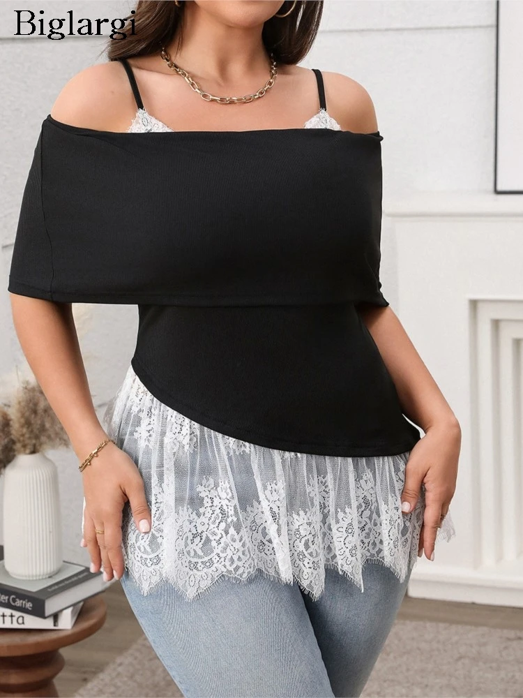 Plus Size Summer Off Shoulder Tops Women Lace Patchwork Fashion Slim Ladies Blouses Backless Woman Slip Tops