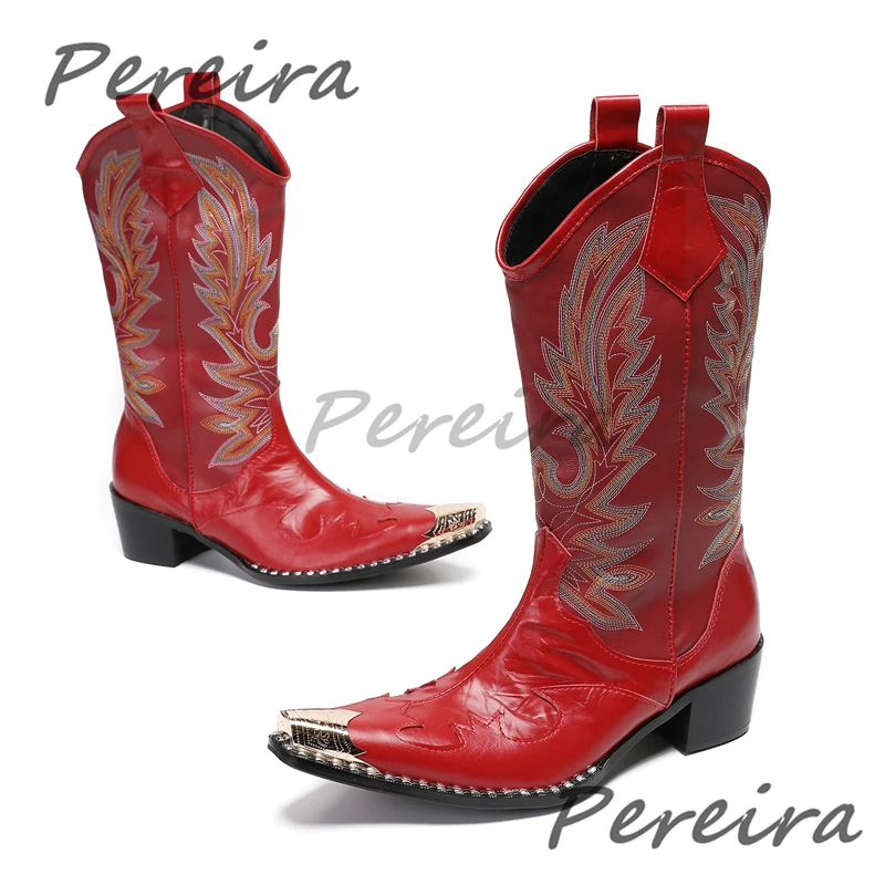Autumn Winter Western Cowboy Boots Retro Embroidered Metal Pointy Toe Thick Heel Knight Boots Party Wedding Men's Handmade Shoes
