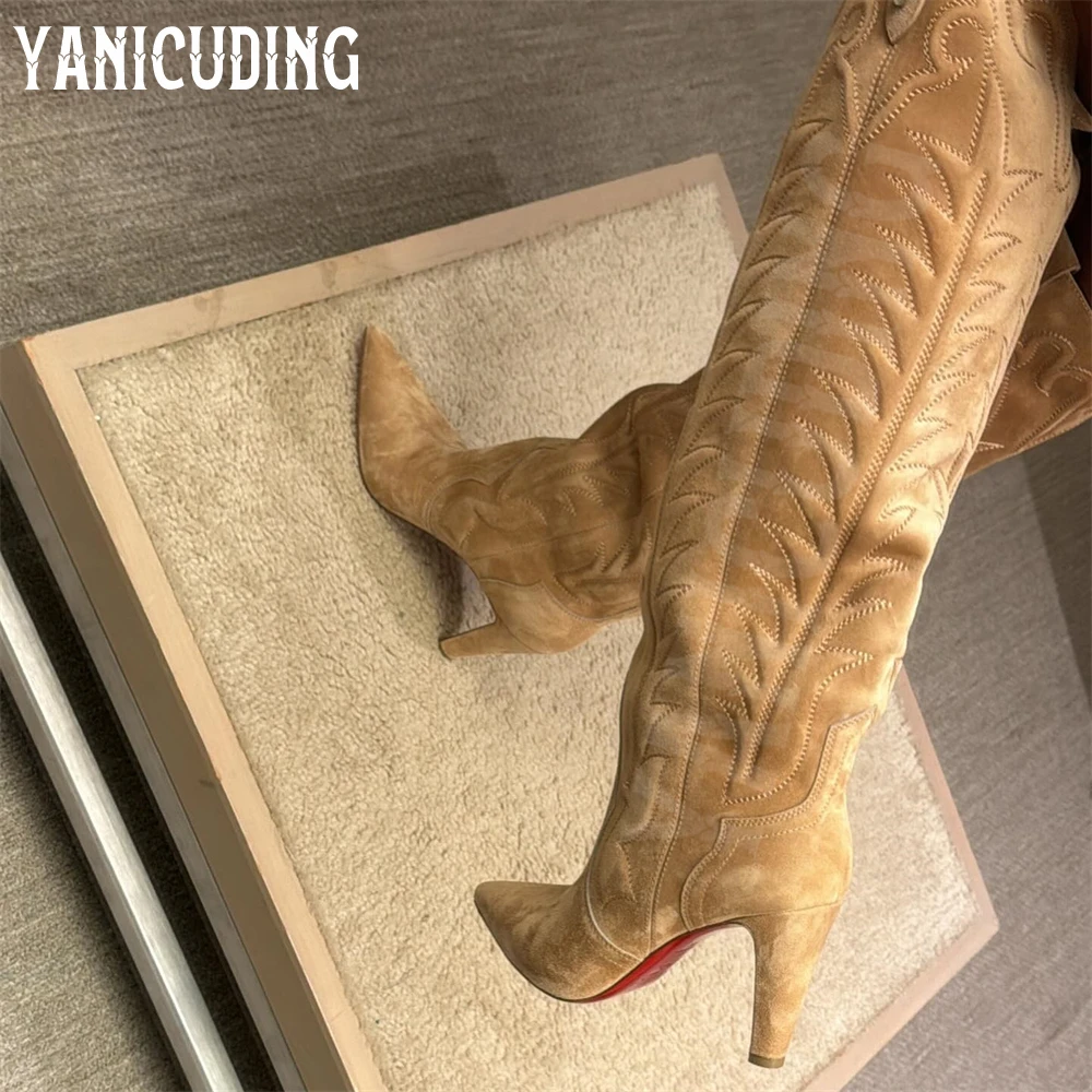 

Designer Style Embroidered Suede Shoes Slip-On Pointed Toe Boots Retro Western Style Boots for Women Luxurious Handmade Boots