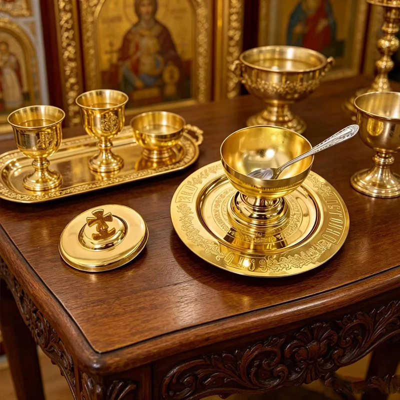 Gold Plated Orthodox Holy Communion Chalice Set with Lid Spoon Paten for Church Liturgy Home Altar Prayer Christian Gift Decor