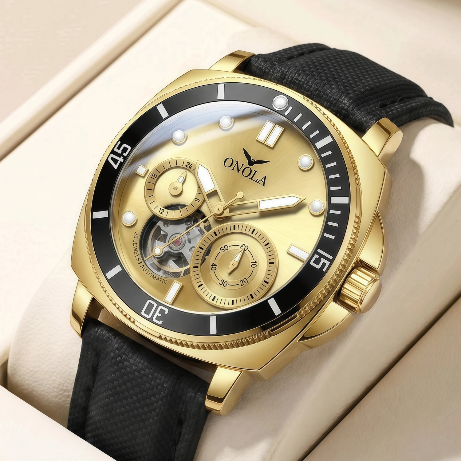 ONOLA men's mechanical watch, multifunctional hollow dial, waterproof and luminous function, fashionable daily men's watch