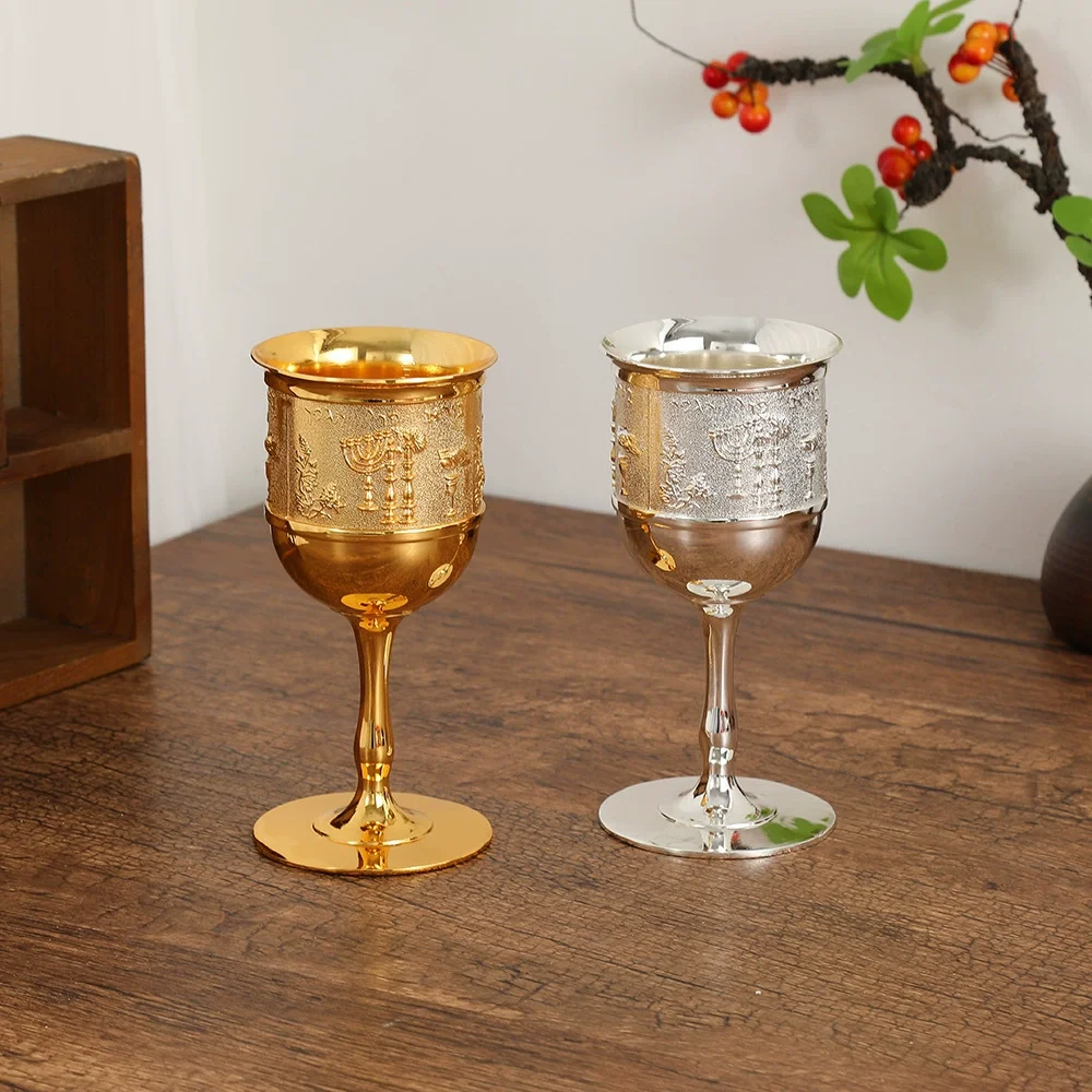 Jewish Kiddush Cup Golden Metal Goblet with Menorah Embossing Judaica Shabbat Holiday Religious Ceremony Wine Cup