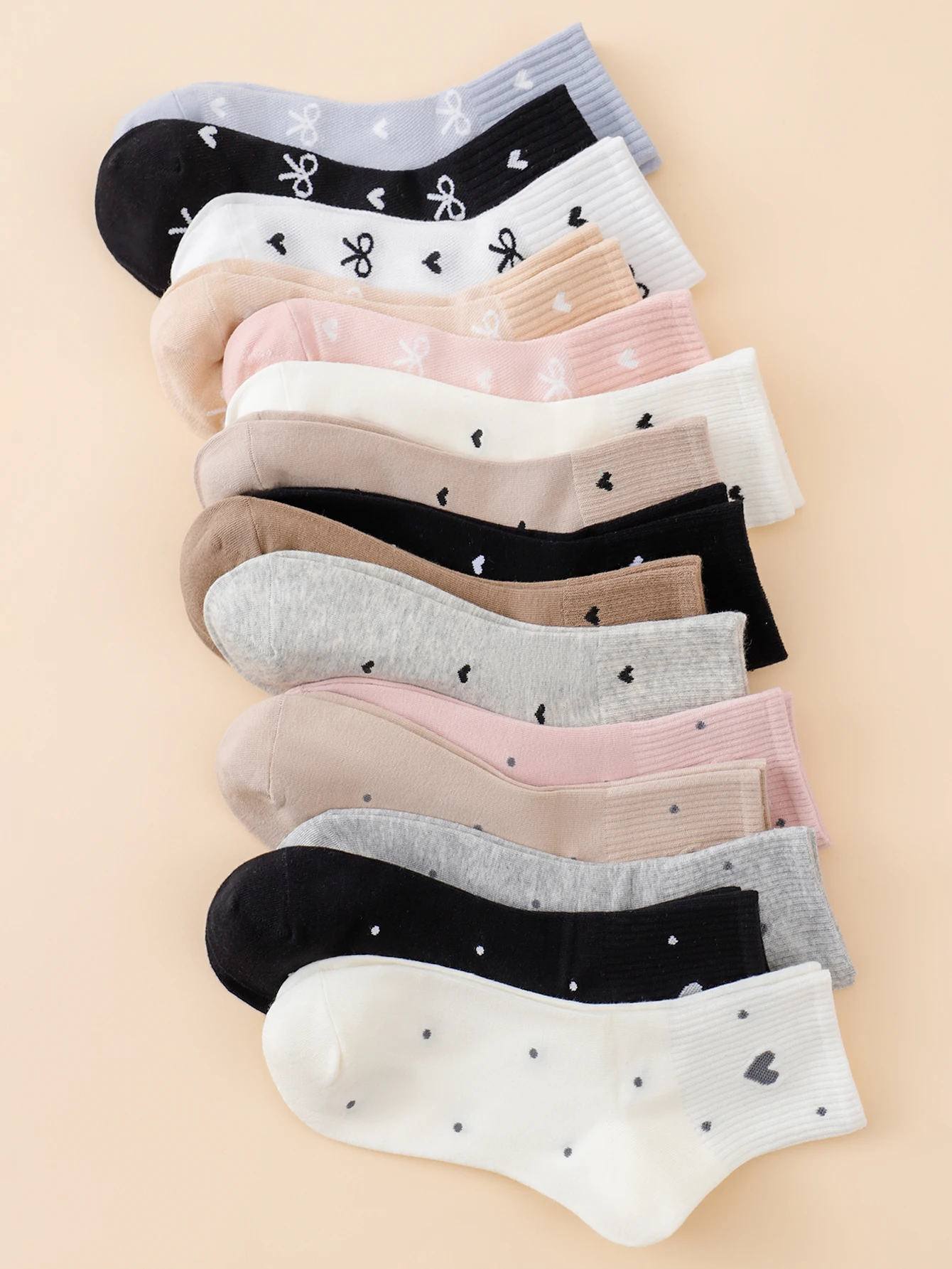 1/3/5/10/15 Pairs Random Women Heart Mid Calf Socks, Solid Color Breathable Sweat Absorbent Casual Campus Socks
