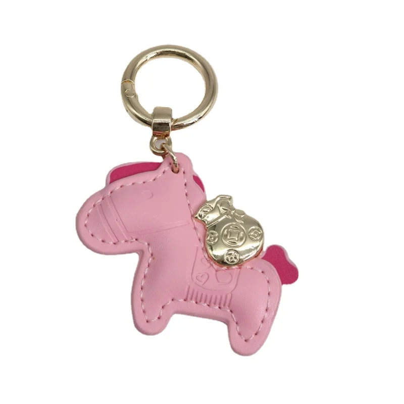 New Creative Handmade Leather Pink Instant Money Pony Car Keychain Cartoon Rocking Horse Bag Pendant Cut Keychain