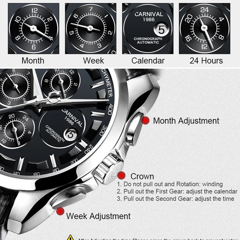 CARNIVAL Stainless Steel Automatic Watch Men Month Calendar Week Waterproof Mens Mechanical Watches Reloj Hombre New - view 6