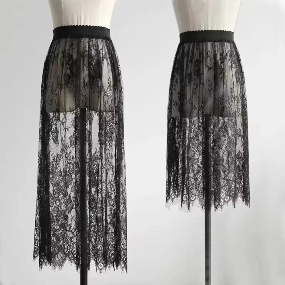 Rok Jaring Renda Seksi Transparan Mode Rok Midi Panjang 2 Elegan Rok Mini Tulle Pinggang Tinggi Elastis Renda Wanita
