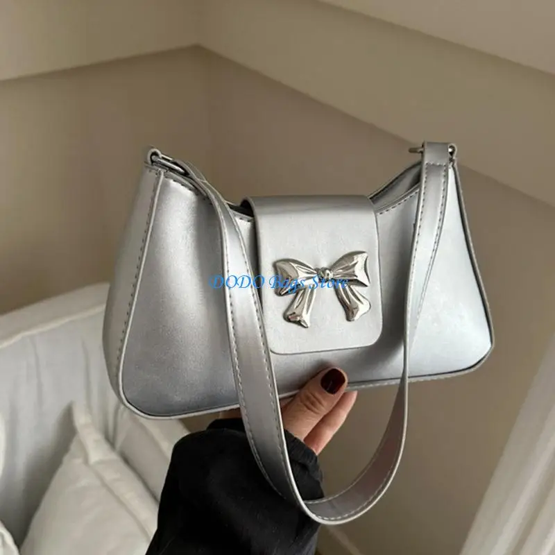 

E8FB Retro Shoulder Bag for Women with Bows Designs and PU Leather Handbag