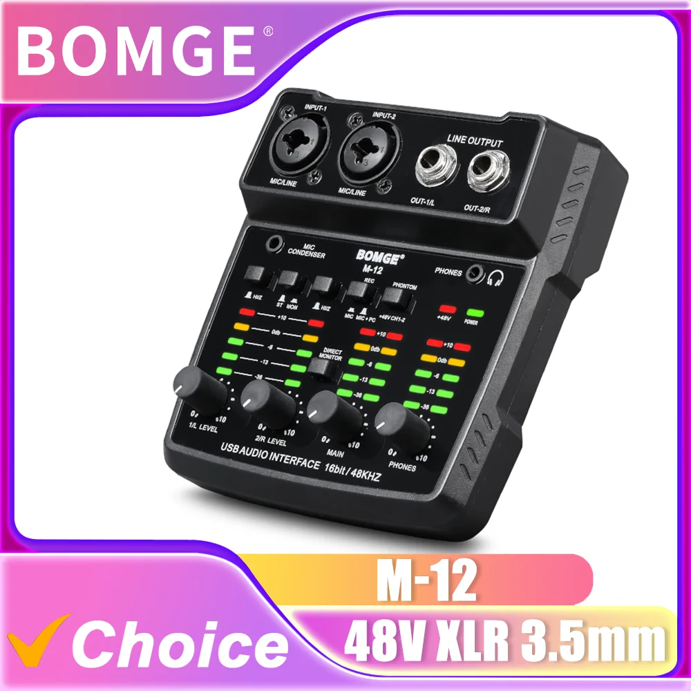 BOMGE M-12 USB Audio Interface, XLR & 3.5mm Mic Jack, PC Recording Sound Card for Home Studio, Ultra-low Latency Plug and Play