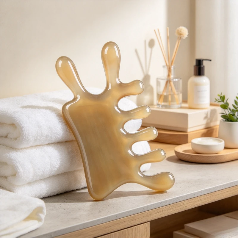 Natural Horn Five Tooth Massage Comb Rounded Polished Scalp Facial Neck Gua Sha Beauty Grooming Tool Handheld Daily 소뿔 마사지 빗