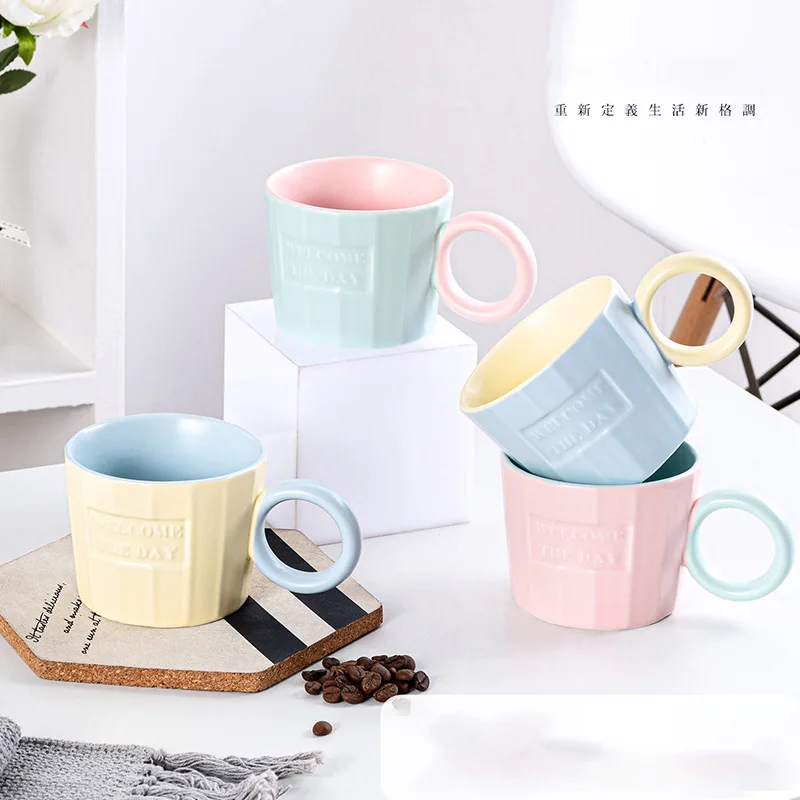 Kawaii Ceramic Cup High Appearance Level Mug Sugar-coated Color Bump Color Big Ear Macaron Creative Coffee Couple Cups Set