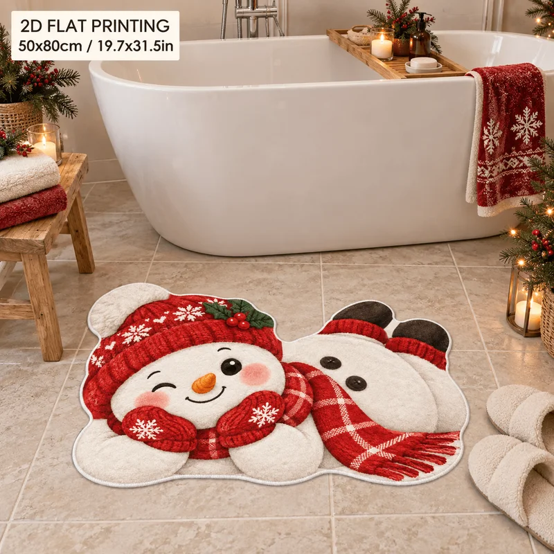 VIKAMA Cute Christmas Reindeer Trio Bath Rug, Soft Flannel Plush Bathroom Mat, Non Slip Absorbent Washable Floor Carpet