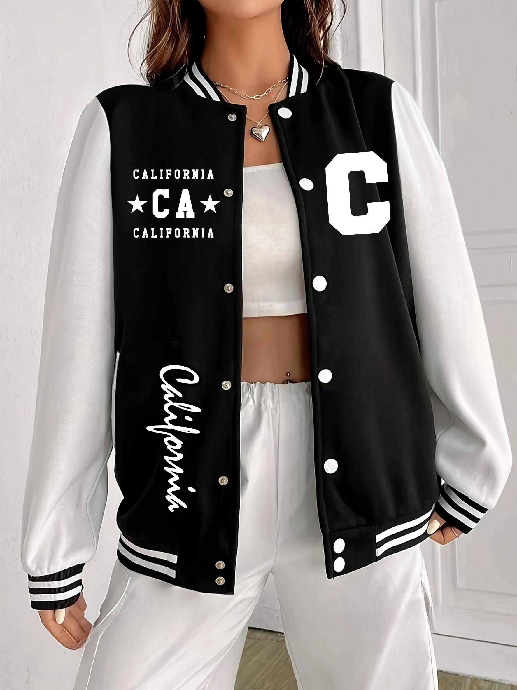 

California And Art Letter C Pattern Jackets Women Casual Pocket Baseball Uniform Fashion Loose Top Autumn Fleece Clothes