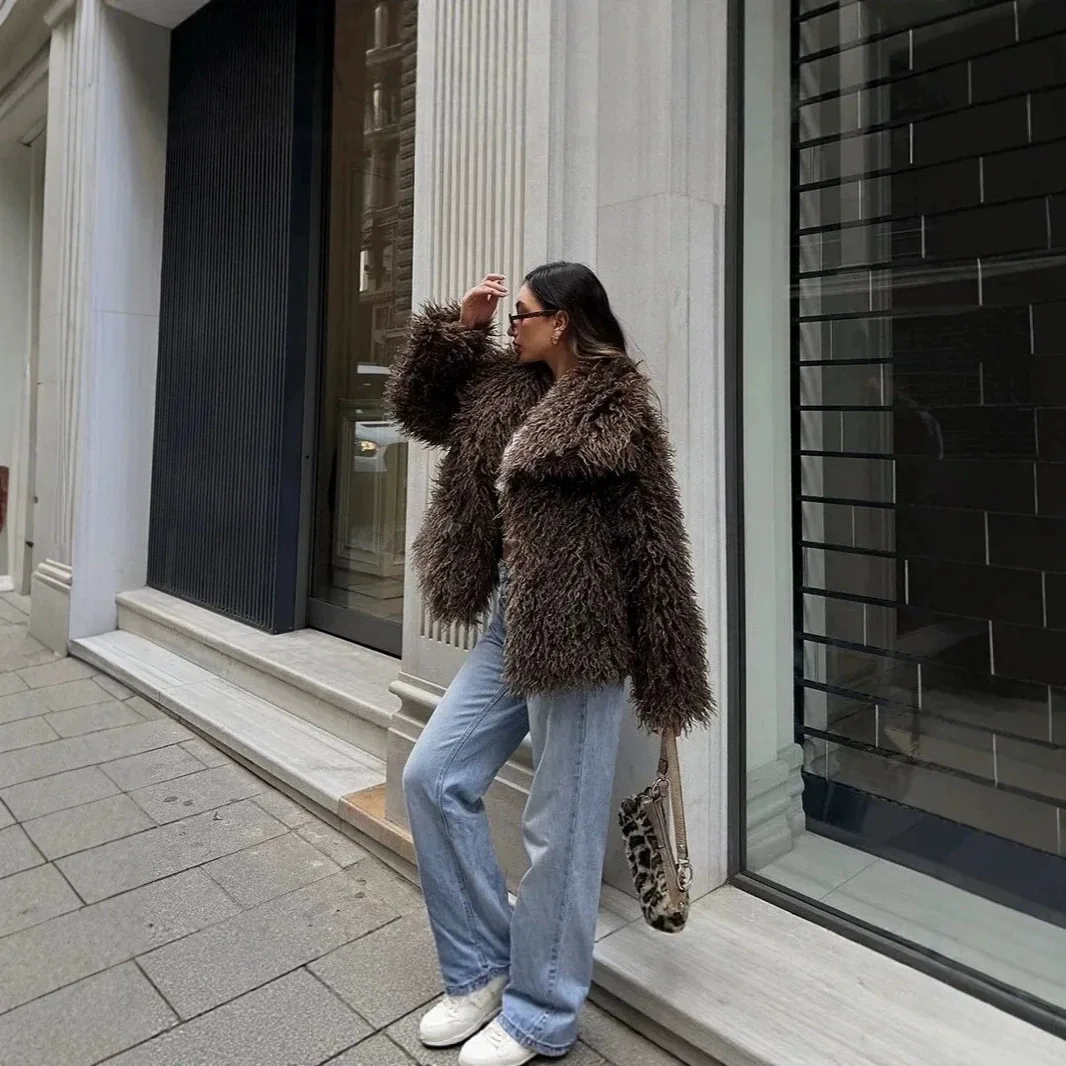 KIDCRKJ 2026 Winter Fashion Female Brown Faux Fur Coat Women Chic Autumn Warm Fluffy Sheep Fur Jacket Big Fur Collar Overcoat
