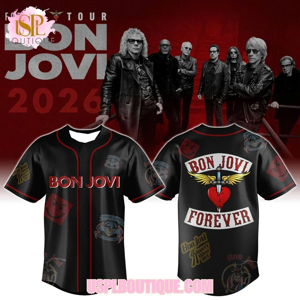 Camisa de beisebol preta Bon Jovi “Forever 2026 Tour”, camiseta masculina Y2K, adequada para uso diário e treino.