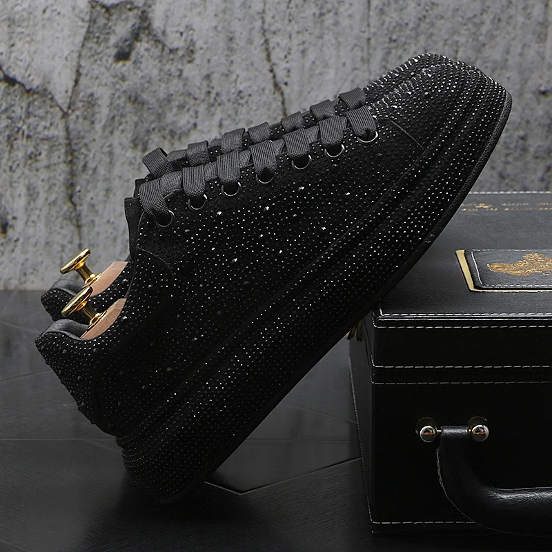 men\'s luxury fashion rhinestone shoes lace-up original leather rivets shoe black silver flats platform sneakers stage nightclub