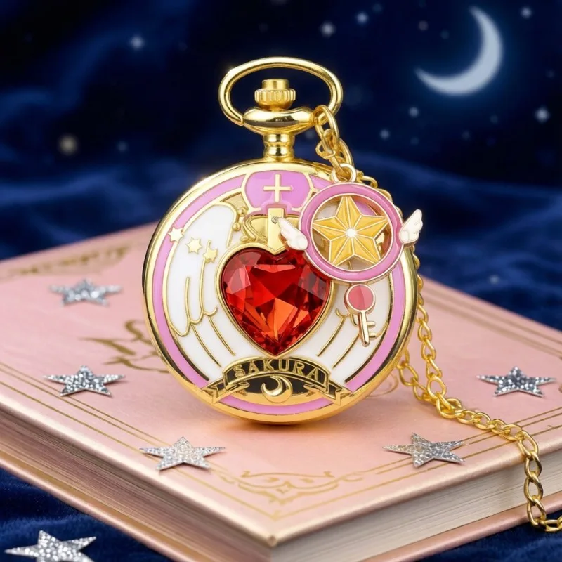 Anime Card Captor Sakura Necklace Pocket Watch Red Crystal Heart Wings Design Pendant Jewelry Cosplay Gifts for Women Girls