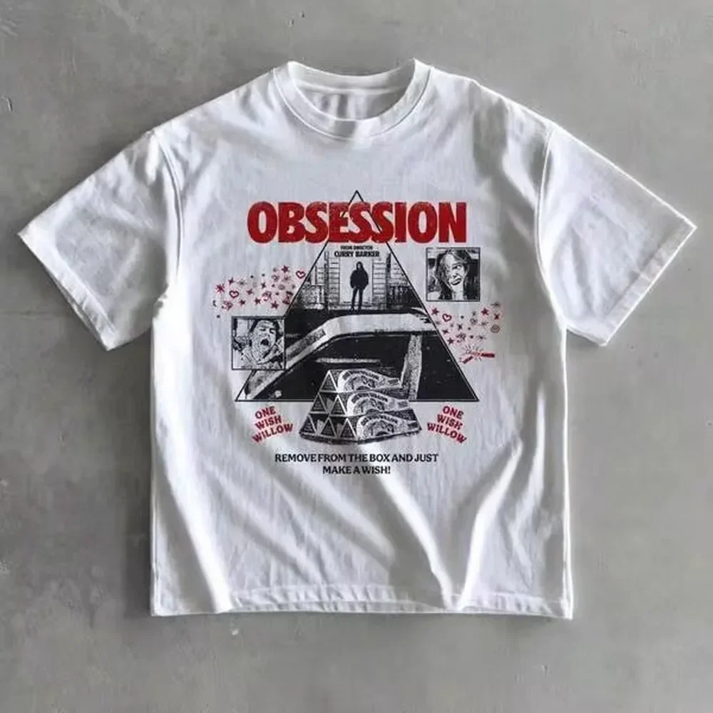 Retro Halloween Horror Obsession Movie Poster Tshirt Vintage Scary Film Graphic Loose Fit White Cotton Streetwear Top
