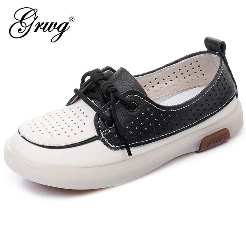 

2023 Hollow Out Sneakers Women Shoes Female Genuine Leather Walking Sneakers Summer White Flat Lace Up Vulcanize Casual Shoes