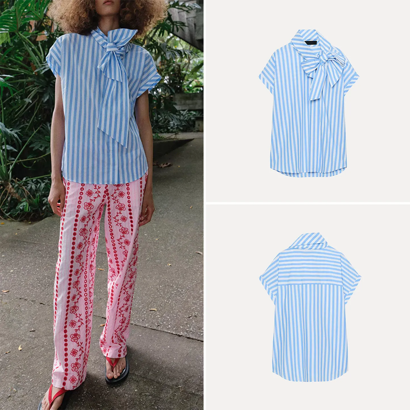 

Fashionable Striped Shirt Women's Summer New Arrival Short Sleeve Stand Collar Knot Decorated Casual Loose Fit Blouse