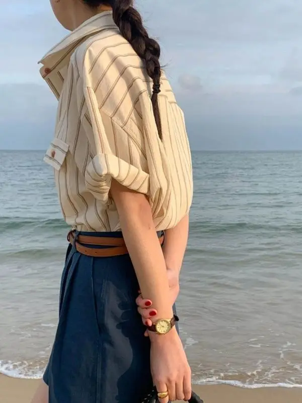 Camicia a maniche corte a righe stile coreano vintage francese