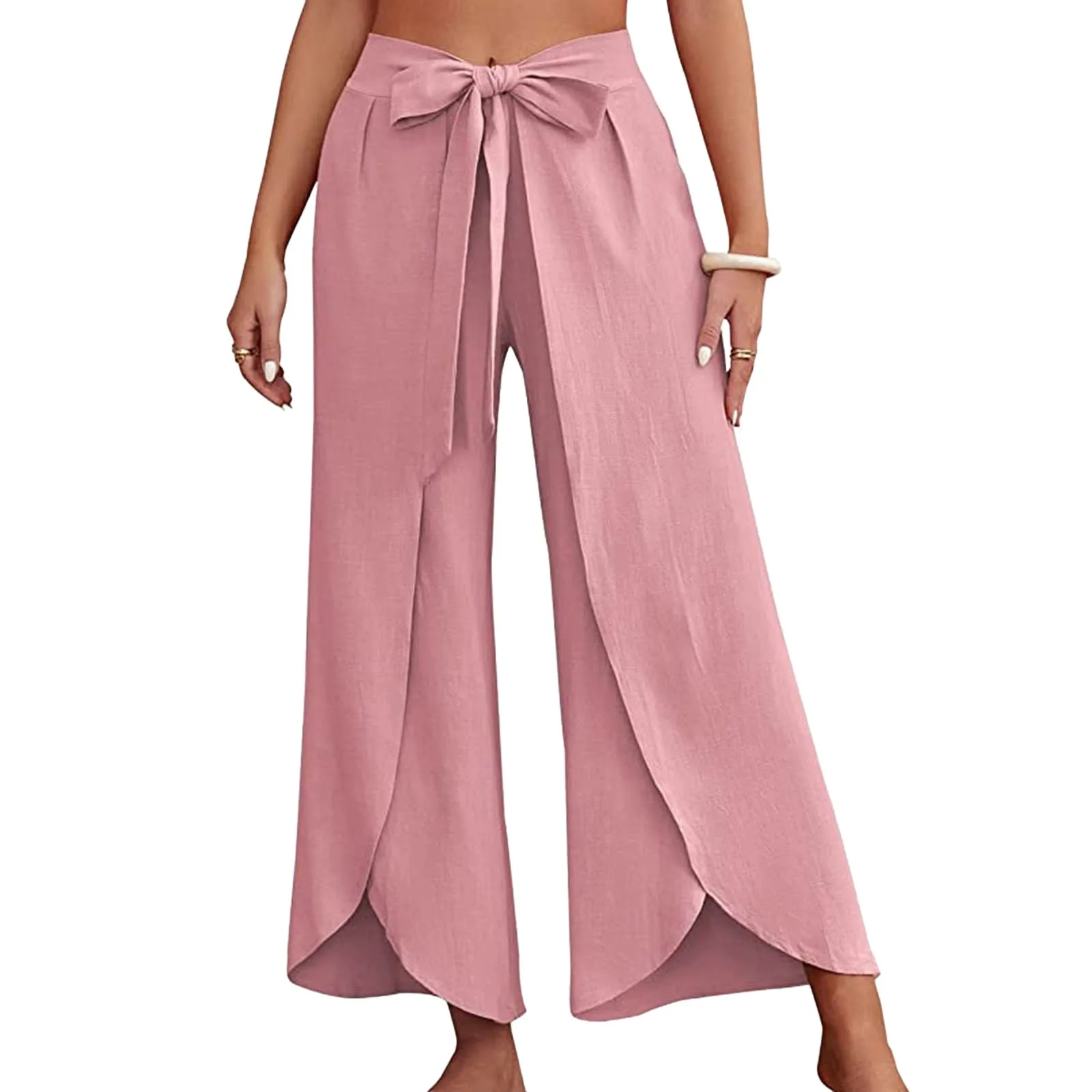 Women's Fashion Loose Casual Solid Color High Waist Flowy Wide Leg Pants Front Split Wrap elegant lace-up Length Trousers