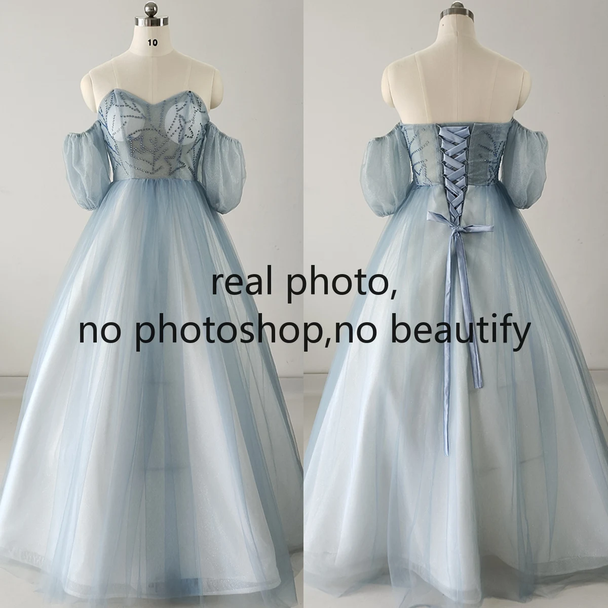 

Real Photo Evening Dresses Blue Tulle Beads Off the Shoulder Floor-Length Short Sleeves A-Line Lace Up Party Formal Gown B1890