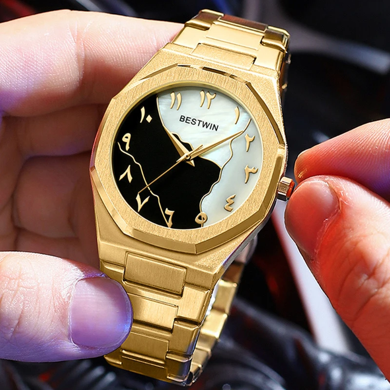 Original top brand stainless steel men wristwatch classic business man black gold hand clock movement quartz mens watches gifts